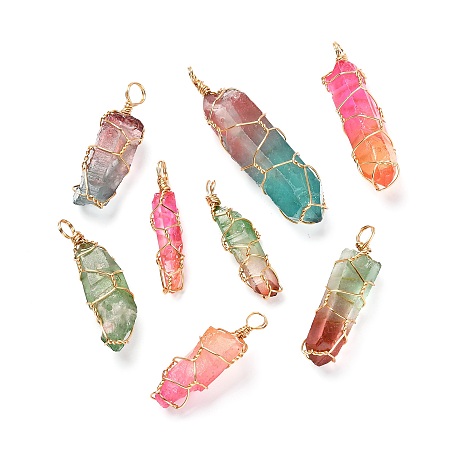 Honeyhandy Natural Dyed Quartz Bead Pendants, with Eco-Friendly Copper Wire, Two Tone, Bullet, Mixed Color, Real 18K Gold Plated, 31~50x6~12x5~12mm, Hole: 4~4.5mm