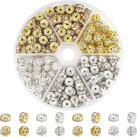NBEADS About 250 Pcs 4 Styles Rhinestone Beads, 8mm Silver Gold Rhinestone Beads Rondelle Disco Ball Beads Flat Round Crystal Spacer Beads for Bracelet Collier Jewelry Making