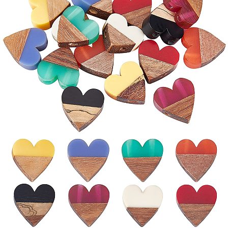 OLYCRAFT 16pcs Resin Wooden Pendants Heart Resin Walnut Wood Earring Findings Vintage Resin Wood Statement Resin Wooden Charms for Necklace Making and Art Projects - 8 Colors