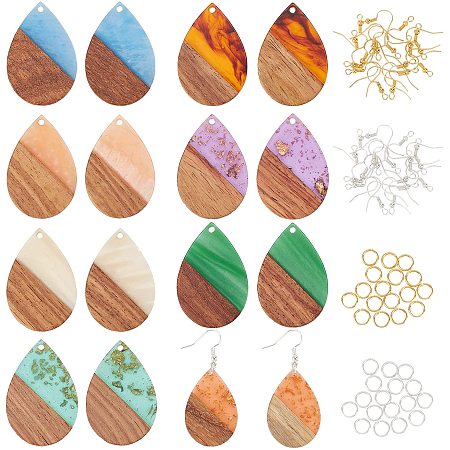 OLYCRAFT 16Pcs Resin Wooden Earring Pendants Teardrop Resin Walnut Wood Earring Vintage Resin Wood Statement Earring with 32pcs Hooks and 32pcs Jump Ring for Jewelry Making DIY Crafts - 8 Color