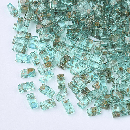 MIYUKI® 2-Hole Transparent Glass Seed Beads, Antique Style, Rectangle, DarkTurquoise, 4.5~5.5x2x2~2.5mm, Hole: 0.5~0.8mm