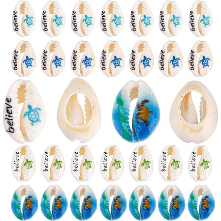 SUNNYCLUE 1 Box 40Pcs 2 Style Sea Turtle Printed Cowrie Shell Beads No Hole Believe Pattern Spiral Seashells Oval Ocean Beach Charms for Earring Necklace Bracelet Jewelry Making Home Decoration