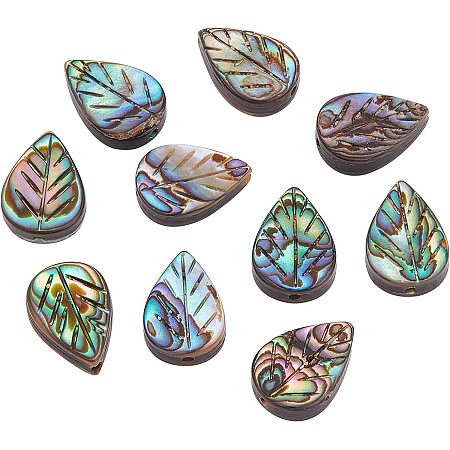 BENECREAT 10Pcs Leaf Shape Natural Abalone Shell Colorful Paua Shell Loose Beads for Bracelet Dangle Jewelry Craft Making