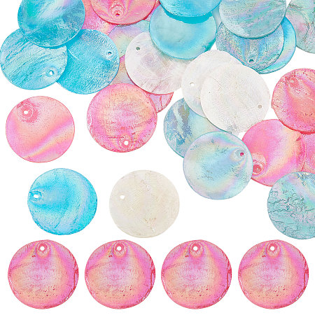 SUNNYCLUE 40Pcs 4 Colors AB Color Plated Natural Capiz Shell Pendants, Dyed, Flat Round Charm, Mixed Color, 24~25x1~2mm, Hole: 1.5mm, 10pcs/color