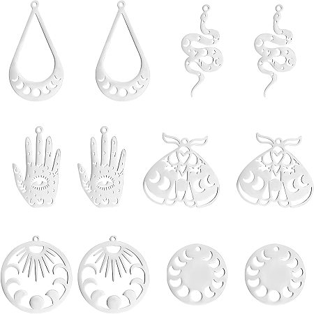 DICOSMETIC 12pcs 6 Styles 201 Stainless Steel Teardrop/Phase of The Moon/Palm with Eye/Snake/Beetle Charms Moon and Star Theme Charms Laser Cut Pendants for Jewelry Making