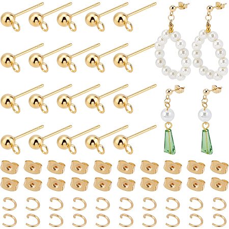 PandaHall Elite 100pcs 24K Gold Plated Earring Studs, Stainless Steel Ball Post Stud with Loop Butterfly Earring Back with 120pcs Open Jump Ring for Jewelry Dangle DIY Earring