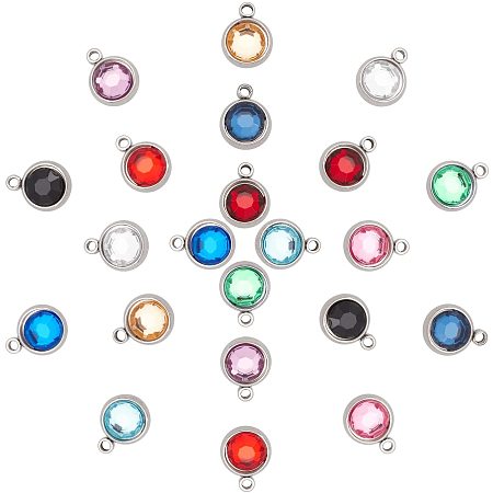 UNICRAFTALE 22pcs 11 Colors Rhinestone Charms Stainless Steel Birthstone Pendants Flat Round Faceted Charms for DIY Jewelry Making 1.3mm Hole