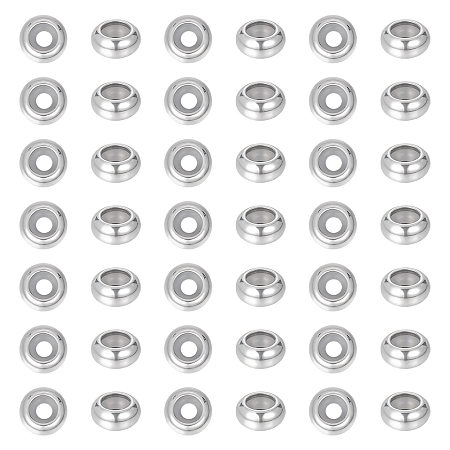 Unicraftale 201 Stainless Steel Beads, with Rubber Inside, Slider Beads, Stopper Beads, Rondelle, Stainless Steel Color, 10x4.5mm, Hole: 3mm, 50pcs/box