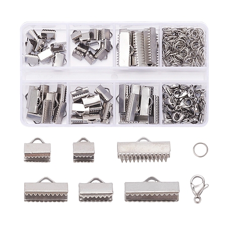 204Pcs DIY Jewelry Making Finding Kit, Including 304 Stainless Steel Ribbon Crimp Ends & Clasps & Open Jump Rings, Stainless Steel Color, 204pcs/box