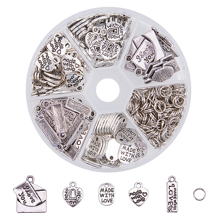 PandaHall Elite About 130 Pcs Tibetan Style MADE WITH LOVE Pendants Charms 5 Shapes with 200 Pcs 6mm Jump Ring for Jewelry Making Antique Silver