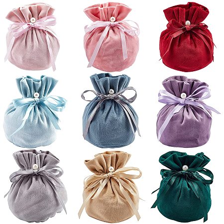 NBEADS 18 Pcs Velvet Jewelry Bags, 13.2x14cm Storage Pouches with Drawstring and Plastic Imitation Pearl