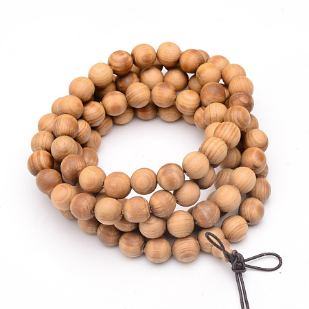 Honeyhandy 5-Loop Wrap Style Buddhist Jewelry, Western Red Cedar Mala Bead Bracelets/Necklaces, Round, Sandy Brown, 34-5/8 inch(88cm)