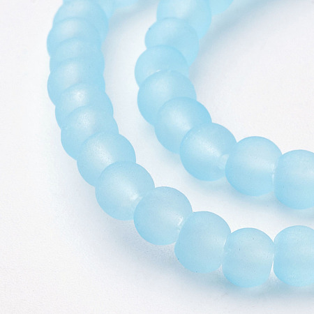Honeyhandy Transparent Glass Bead Strands, Frosted, Round, Light Sky Blue, 4mm, Hole: 1.1~1.6mm, about 200pcs/strand, 31.4 inch