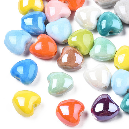 Honeyhandy Pearlized Handmade Porcelain Beads, Heart, Mixed Color, 10x10x7mm, Hole: 1.8mm