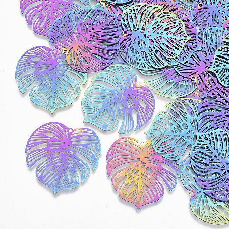 NBEADS 201 Stainless Steel Filigree Pendants, Etched Metal Embellishments, Monstera Leaf, Multi-color, 32x32x0.3mm, Hole: 1.2mm