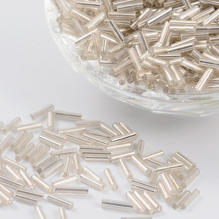 Honeyhandy Glass Bugle Beads, Silver Lined, Floral White, 6~8x1.8mm, Hole: 0.6mm, 1250pcs/50g