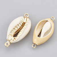 Electroplate Cowrie Shell Links connectors, with Iron Findings, Golden, 28~30x14~16x7.5mm, Hole: 1.5mm