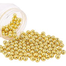 NBEADS Electroplated Natural Lava Beads Strands, Round, Bumpy, Golden Plated, 9mm, Hole: 1mm; about 141pcs/box