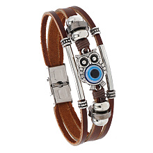 Honeyhandy Owl with Evil Eye Link Multi-strand Bracelets, PU Leather Braided Triple Layer Gothic Bracelet for Men Women, Saddle Brown, 8-1/2 inch(21.5cm)