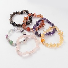 Honeyhandy Chips Natural Gemstone Beaded Stretch Bracelets, with Brass Rhinestone Findings, Silver Color Plated, 59mm