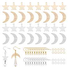 Unicraftale DIY Moon & Star Dangle Earring Making Kit, Including Brass Connector Charms & Earring Hooks & Jump Rings, Golden & Stainless Steel Color, 100Pcs/box