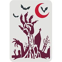 FINGERINSPIRE Zombie Hand Stencil 11.7x8.3inch Reusable Zombie Hands Pattern Stencil Moon Bat Tomb Zombie Hands Halloween Stencils for Painting on Wall, Canvas, Tile, Furniture and Paper