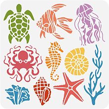 BENECREAT Sea Creatures Painting Stencil, Turtle Octopus Jellyfish Conch Coral Ocean Creatures Stencils Template for DIY Crafts Scrapbook Wall Home Decor, 12x12