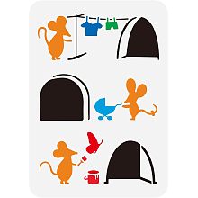 FINGERINSPIRE Mouse Life Stencil 8.3x11.7inch Mouse Holes Silhouette Painting Stencil Mouse Hanging Clothes Stencil Mouse Pushing Pram Template Mouse Painting Wall Stencil Painting on Wood Canvas