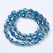 Honeyhandy Electroplate Glass Beads Strands, AB Color Plated, Faceted Teardrop, Deep Sky Blue, 15x10mm, Hole: 1mm, 50pcs/strand, 27.1 inch