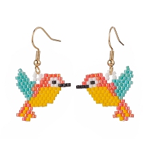 Honeyhandy Glass Seed Braided Woodpecker Dangle Earrings, Golden Brass Jewelry for Women, Colorful, 38mm, Pin: 0.6mm