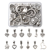 Honeyhandy 24Pcs 12 Styles Valentine's Day Theme Tibetan Style Alloy European Dangle Charms, Large Hole Pendants, Heart, Antique Silver, 14~38x10~28x1.5~3mm, about 2pcs/style