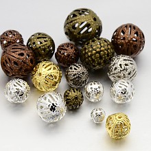 Honeyhandy Mixed Style Iron Filigree Beads, Filigree Ball, Round, Mixed Color, 6~16mm, Hole: 0.5~1mm