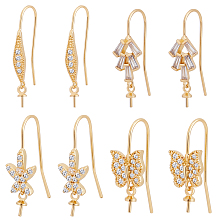 Beebeecraft 8Pcs 4 Style Brass Micro Pave Cubic Zirconia Earring Hooks, for Half Drilled Beads, Long-Lasting Plated, Oval & Flower & Tree & Butterfly, Real 18K Gold Plated, 24~25mm, Pin: 0.7mm, 2pcs/style