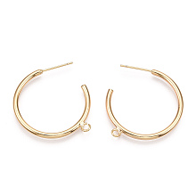 Honeyhandy Brass Stud Earring Findings, Half Hoop Earrings, with Loop, Nickel Free, Real 18K Gold Plated, 32.5x29x2mm, Hole: 2mm, pin: 0.7mm