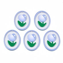 Transparent Printed Acrylic Pendants, with Glitter Powder, Oval with Flower, Lilac, 38x28x2mm, Hole: 1.4mm