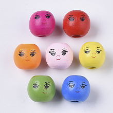 Honeyhandy Spray Painted Natural Wood Beads, Round with Face, Mixed Color, 13.5x13mm, Hole: 4mm, about 590pcs/500g