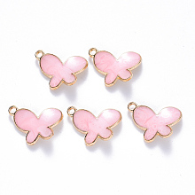 Honeyhandy Alloy Enamel Pendants, Butterfly, Light Gold, Pink, 13x17.5x3mm, Hole: 1.5mm