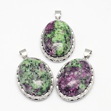 Honeyhandy Natural Ruby in Zoisite Pendants, with Brass Findings, Oval, Platinum, 30x21x10~11mm, Hole: 6x4mm