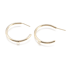 Honeyhandy Brass Stud Earring Findings, Half Hoop Earrings, with Loop, Nickel Free, Real 18K Gold Plated, 32.5x29x2mm, Hole: 2mm, pin: 0.7mm