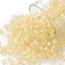 Honeyhandy 8/0 Glass Seed Beads, Transparent Inside Colours, Round Hole, Round, Champagne Yellow, 8/0, 3~4x2~3mm, Hole: 0.8mm, about 1666pcs/50g