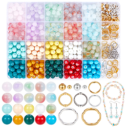 PandaHall Elite DIY Beads Jewelry Making Finding Kit, Including Glass Round & Iron Spacer Beads, Alloy & Brass Bead Frames, Mixed Color, 860Pcs/box