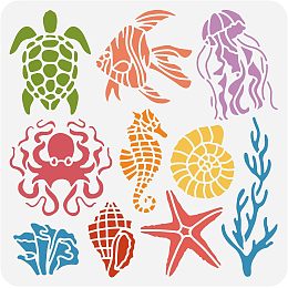 BENECREAT Sea Creatures Painting Stencil, Turtle Octopus Jellyfish Conch Coral Ocean Creatures Stencils Template for DIY Crafts Scrapbook Wall Home Decor, 12x12