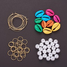 DIY Earring Making, 304 Stainless Steel Hoop Earrings, 304 Stainless Steel Jump Rings, Close but Unsoldered Jump Rings, Imitation Pearl Acrylic Beads and Spray Paint Cowrie Shell Beads, Mixed Color, 10mm