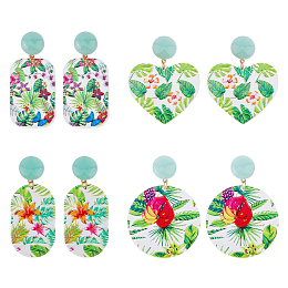 FIBLOOM 4 Pairs 4 Style Flower Enamel Dangle Stud Earrings, Acrylic Long Drop Earrings for Women, Rectangle & Heart & Oval & Flat Round, Mixed Color, 50~56x24~40mm, 1 pair/style