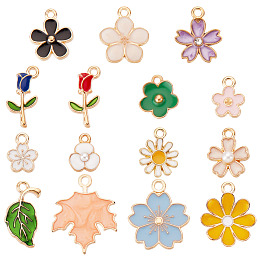 SUNNYCLUE 120Pcs 15 Style Alloy Enamel Pendants, Sakura/Rose/Flower, Mixed Color, 12~24x9~17x1.5~2.5mm, Hole: 1.6~1.8mm, 8pcs/style