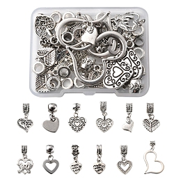 Honeyhandy 24Pcs 12 Styles Valentine's Day Theme Tibetan Style Alloy European Dangle Charms, Large Hole Pendants, Heart, Antique Silver, 14~38x10~28x1.5~3mm, about 2pcs/style