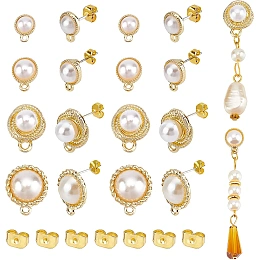 PandaHall Elite 40pcs Pearl Earring Studs, 4 Sizes Imitation Pearl Earring Alloy Golden Post Ear Studs Earring Pins with 50pcs Iron Butterfly Earring Backs Steel Pins for Jewelry Dangle DIY Earring