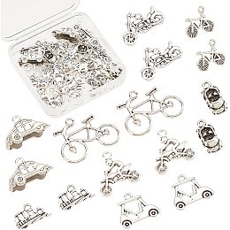 SUNNYCLUE 1 Box 48Pcs 8 Styles Bicycle Charms Alloy Pendants Bike Motorcycle Car Tour Bus Train Charm Kit Silver Transportation Pendant for Jewelry Making Charms DIY Necklace Bracelet Earring Crafting