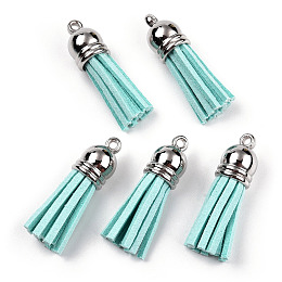 Honeyhandy Faux Suede Tassel Pendant Decorations, with CCB Plastic Cord Ends, Platinum, Turquoise, 35~37x10mm, Hole: 1.8mm