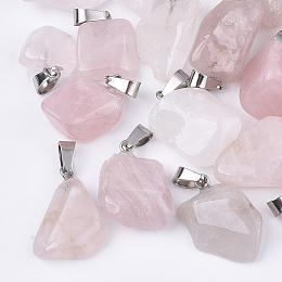 Natural Rose Quartz Pendants, with Stainless Steel Snap On Bails, Nuggets, 15~35x10~20x5~15mm, Hole: 3x7.5mm